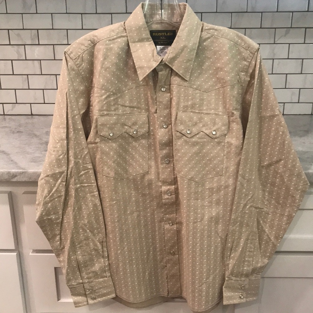 Rustler Wrangler Pearl Snap Shirt Boys XL Tan Floral Button-Up Saw Tooth Rodeo